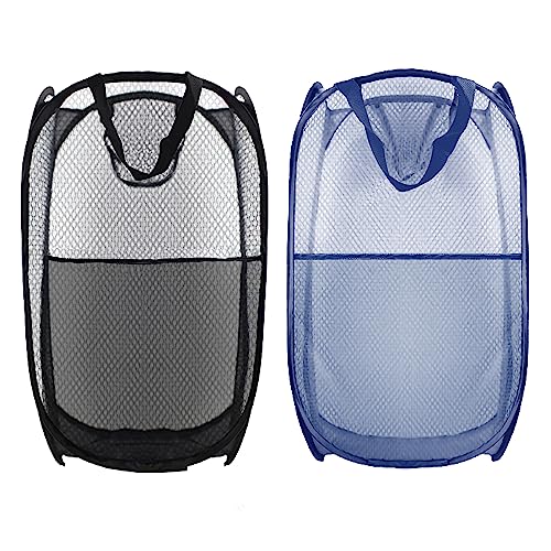 Image of Collapsible Pop Up Laundry Hamper, Extra Large Mesh Foldable Laundry Basket Bag, 28 inch x 16 inch x 16 inch, 2 Pack (Black + Blue)