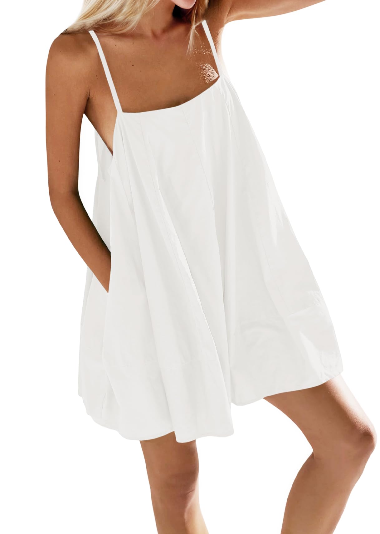 Fisoew Womens Oversized Spaghetti Strap Mini Dress Sleeveless Flowy Casual Summer Dresses
