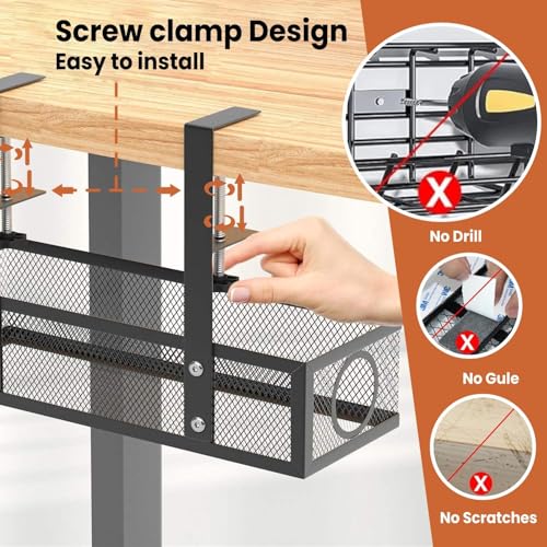 Image of Adjustable Under Desk Cable Organizer Rack (Black) - Metal Wire Management Tray for Power Strips, Extension Cords & Cables - Clamp-On or Screw-Fixed Desk Holder for Home & Office