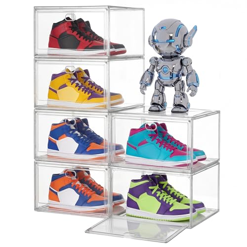 SONGMICS Schuhboxen stapelbar transparent Schuh-Organizer Schuhaufbewahrung für Schuhe bis Größe 47 mit Magnettür aus Kunststoff 6er Set LSP706WH01