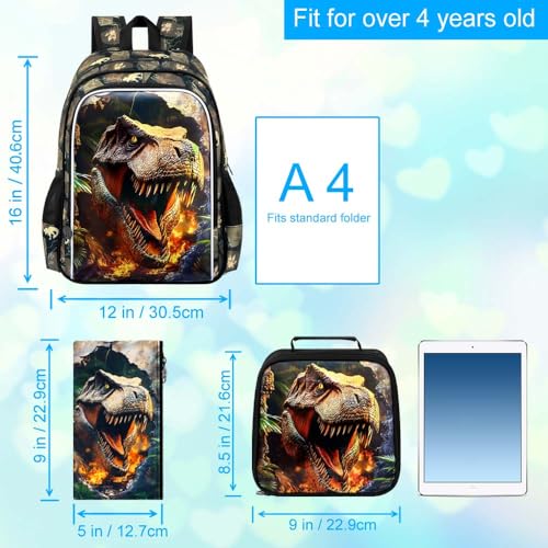 Image of 3Pcs Dinosaur Backpack for Boys, 16 inch Kids School Bookbag with Lunch Box, Dino Backpacks Set for Elementary Preschool Kindergarten(Brown)