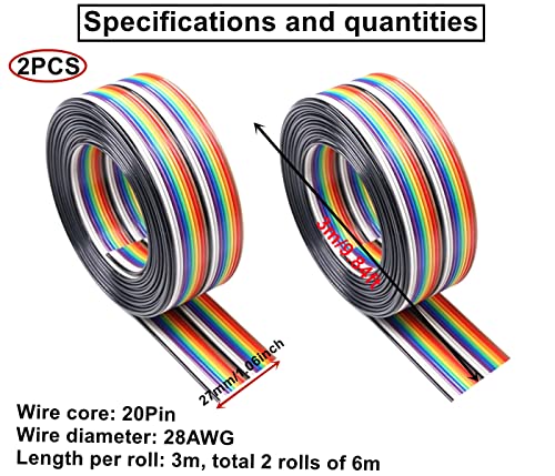 HUAZIZ 2 Piezas IDC cinta Cable, 1,27 mm de paso Cable de cinta de color arcoíris 10 pies / 3 m, 20 Pin color arco iris plana IDC alambre para conectores de 2,54 mm - imagen 2