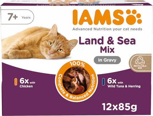 IAMS Delights Senior cibo umido per gatti - Multipack con pollo e pesce in salsa, cibo umido di alta qualità per gatti anziani a partire da 7 anni, 12 x 85 g