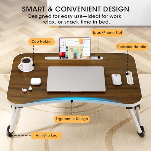 Image of Folding Lap Desk, 23.6 Inch Wood Laptop Bed Desk with Cup Holder, Portable Bed Table for Working Writing Reading, Eating for Bed, Floor, Sofa, Couch - Brown