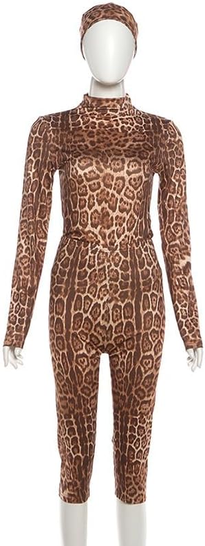 Womens 2 Piece Cheetah Outfit High Neck Long Sleeve Top High Waist Capri Sexy Leopard Print Pant Set Y2K Clubwear - Image 6