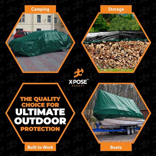 Image of Heavy Duty Poly Tarp - 10' X 10' - 10 Mil Thick Waterproof, UV Blocking Protective Cover - Reversible Green and Black - Laminated Coating - Grommets - by Xpose Safety