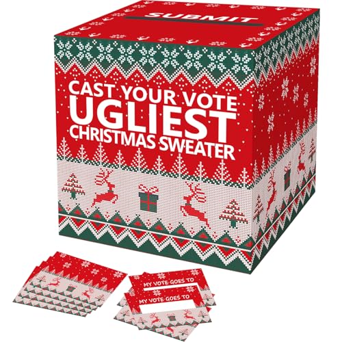 OLIVBIN Ugly Sweater Contest Ballot Box, Voting Card Box Set, Including 50 Voting Cards Sweater Competition Voting Box, Used for Festival Christmas Game Party Decoration, Ugly Sweater Party Supplies