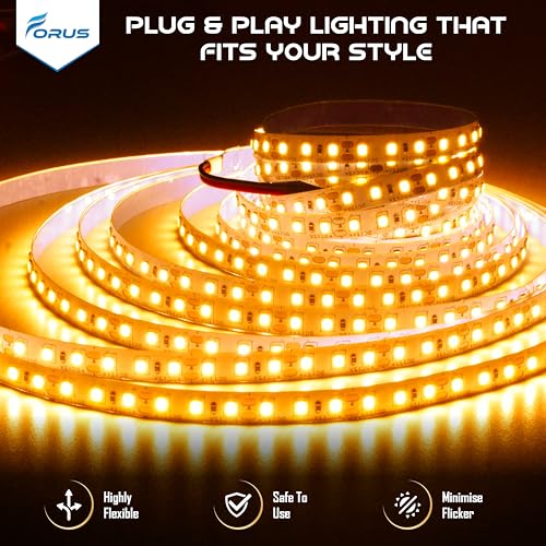 Image of Forus 5 Meter (5M) 8mm Amber LED Strip Light, 120 LEDs /M Plug & Play Flexible Lighting for Home Decor, False Ceiling, Pooja Room, Living Room, Kitchen, Mirror, Stairs, 2-Year Warranty