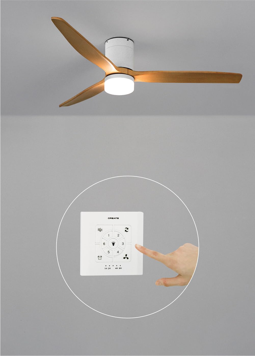 CREATE / WINDCALM L/Ventilateur plafond ABS blanc pales bois clair contrôleur et télécommande / Ø152 cm, 3 températures, fonction été-hiver