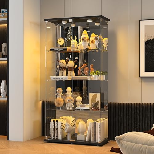 BPKADHY Vitrine en Verre avec LED,164x80.5x36.5cm Vitrine Verre pour Collection avec 2 Portes et 4 étagères en Serrure, Panneau Arrière en Verres Miroir,...