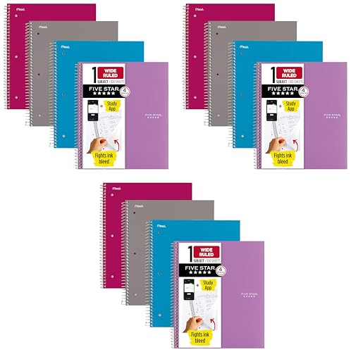 Image of Five Star Spiral Notebook + Study App, 4 Count, 1 Subject, Wide Ruled Paper, 8 inch x 10-1 /2 inch, 100 Sheets, Fights Ink Bleed, Water Resistant Cover, Purple, Pink, Gray and Blue (930105-ECM) (Pack of 3)