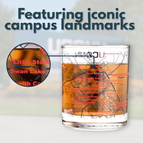 Image of Greenline Goods - University of Connecticut Huskies College Whiskey Glasses (Set of 2), 10 oz - Full-Color Logo + Campus Map