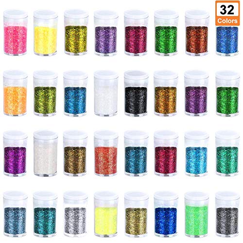 32 Colors Slime Glitter Set,DOMIRE Extra Fine Glitter Powder for Slime Making,Art and Crafts,Scrapbook,Face,Body,Nail Arts,Paints