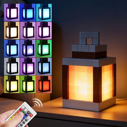 HOVCEH Pixelated Lantern Nachtlicht, LED Nachtlicht Dimmbar mit 16 Farbe, LED Nachtlicht Laterne mit Fernbedienung & USB Ladekabel, Nachttischlampe Kinder 3D für Schlafzimmer Camping Geschenk