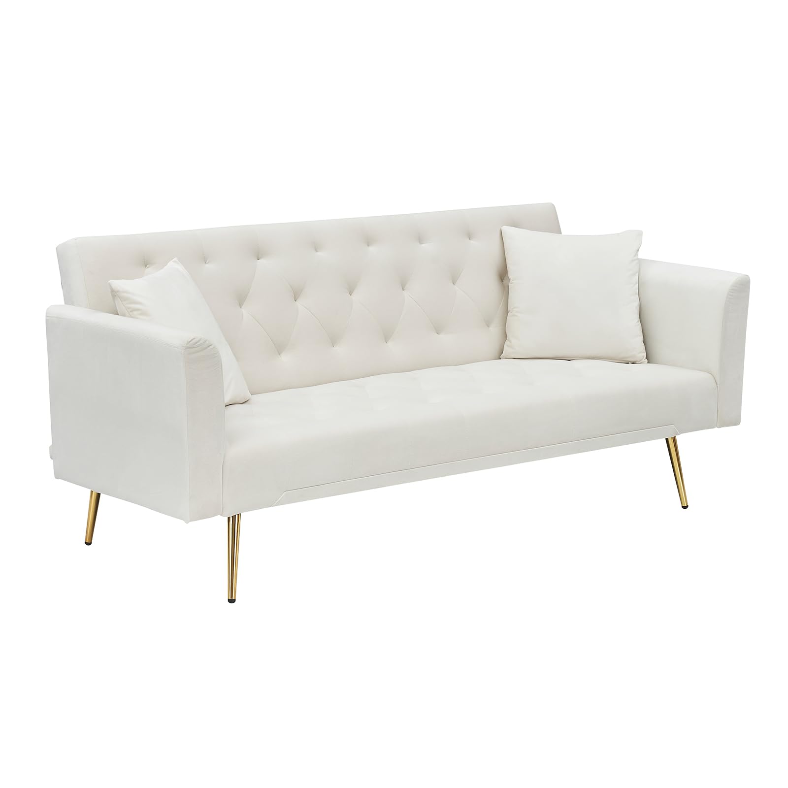 71" Modern Velvet Sofa Bed Futon, Convertible Sleeper Couch, Adj. Backrest | Tufted Recliner Loveseat Design with Golden Chrome Legs & 2 Pillows, Perfect for Small Spaces, Living Room, Apartment