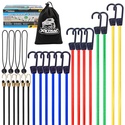XSTRAP STANDARD 24 Pieces Heavy Duty Bungee Cords with Hooks, Elastic Bungee Cords Assorted Sizes - Includes 10”, 18”, 24”, 32”, 40” Bungee Cord and 4 pcs 9'' Ball Ties, and Drawstring Bag