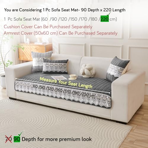 Image of HOKIPO 'BelleLace Series' Imperial Milk Velvet Sofa Cover Mat with Lace Design| Make Your Own Sofa Cover Set, Mat Length 90(D) x 220(L) cm, Porpoise Grey (AR-5968-DGRY)