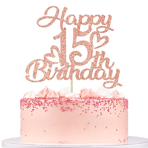 Unoggsor Rose Gold Glitter Happy 15th Birthday Cake Topper - Hello 15 Cheers to 15 Years 15 & Fabulous 15th Birthday/Anniversary Party Decorations
