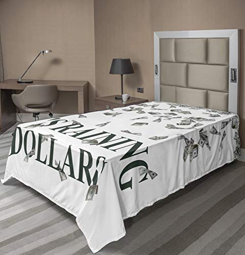 Ambesonne Money Flat Sheet, It's Raining Dollars Typography with Spreading Money Richness and Wealth Themes, Soft Comfortable Top Sheet Decorative Bedding 1 Piece, TwinXL Size, Dark Green White
