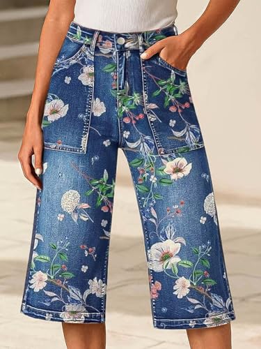 Flamingals High Rise Wide Leg Capris Floral Cropped Pants Summer Stretch Beach Casual Denim Capri3