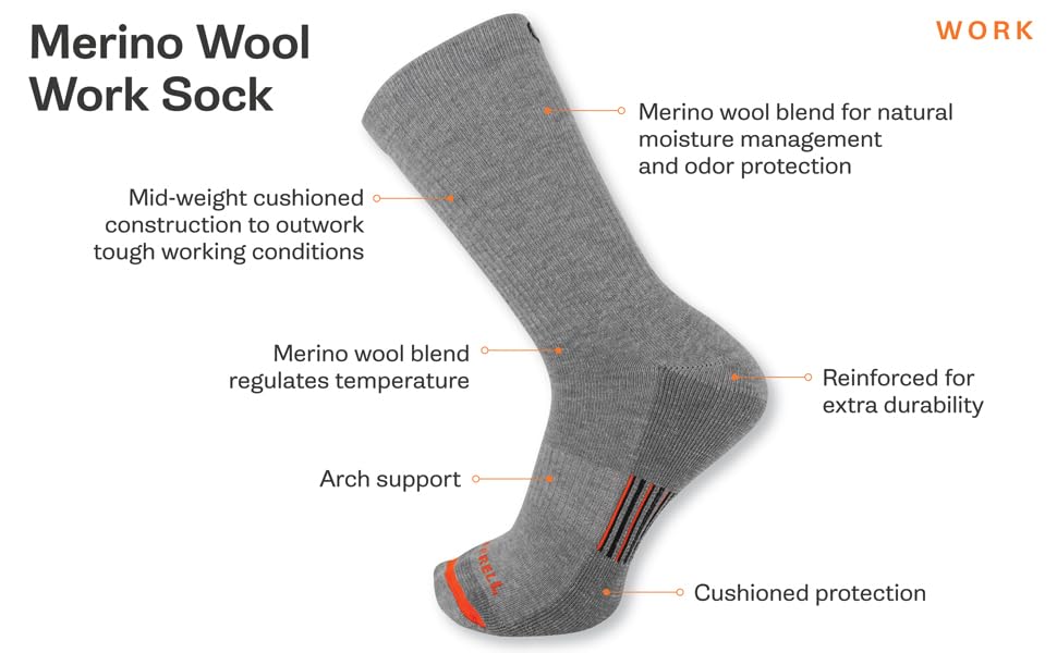 Image of Merrell unisex-adult Men's and Women's Merino Wool Work Crew Socks - 3 Pairs - Arch Support