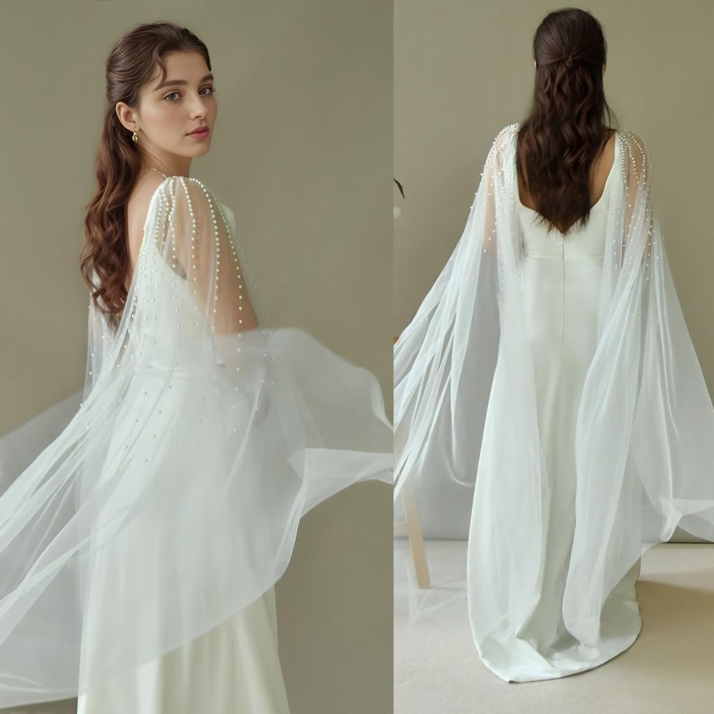 Breathable Pearls Embellished Bridal Epaulet Removable Stole Attachment For Outdoor Weddings image 2