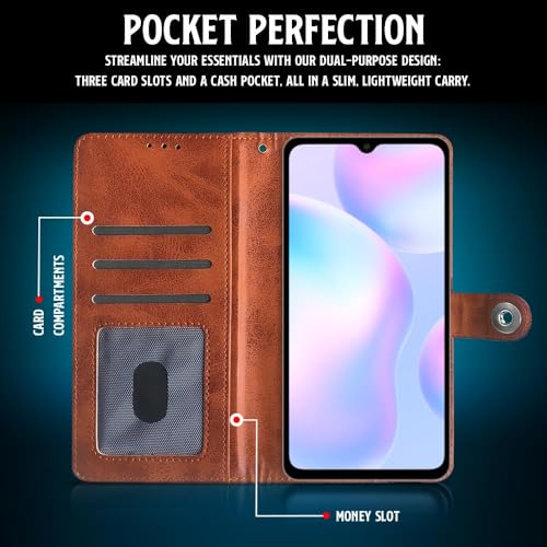 Image of WOW IMAGINE Shock Proof Flip Cover Back Case for Xiaomi Mi Redmi 9A | 9i | 9A Sport (Magnetic Button Flip Case | Wallet Pockets & Stand | Leather Finish | Alder Brown)