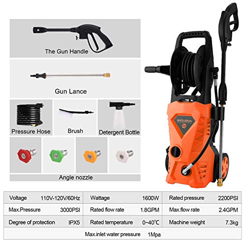 WHOLESUN 3000PSI Electric Pressure Washer 2.4GPM 1600W Power Washer with Hose Reel and Brush Orange