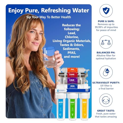 Image of Express Water Reverse Osmosis Water Filtration System with Alkaline & UV Filter - 11 Stage UV Water Filter - Under Sink Water Filter with Alkaline Filter for Added Essential Minerals - 100 GDP