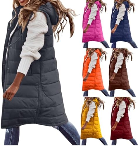 Long Puffer Vest Women with Hood Sleeveless Quilted Puffer Jacket Vest Winter Warm Zip up Hoodie Jackets Padded Coat