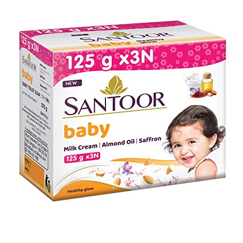 Image of Santoor Baby Soap with Milk Cream, Saffron and Almond Oil, 125g (Pack of 3) & Santoor Perfumed Body Lotion for Whitening & UV Protection with Sandalwood & Sakura Extracts, 250ml (Buy 1 Get 1)