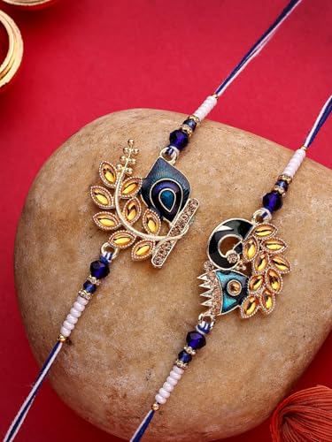 Image of Sukkhi Rakhi Beautiful Floral Design Purple Meenakari Work with AD Stones & Pearls Combo Rakhi for Brother with Roli Chawal & Greeting Card|Quirky Rakshabandhan Rakhi for Bhaiya|Set of 2