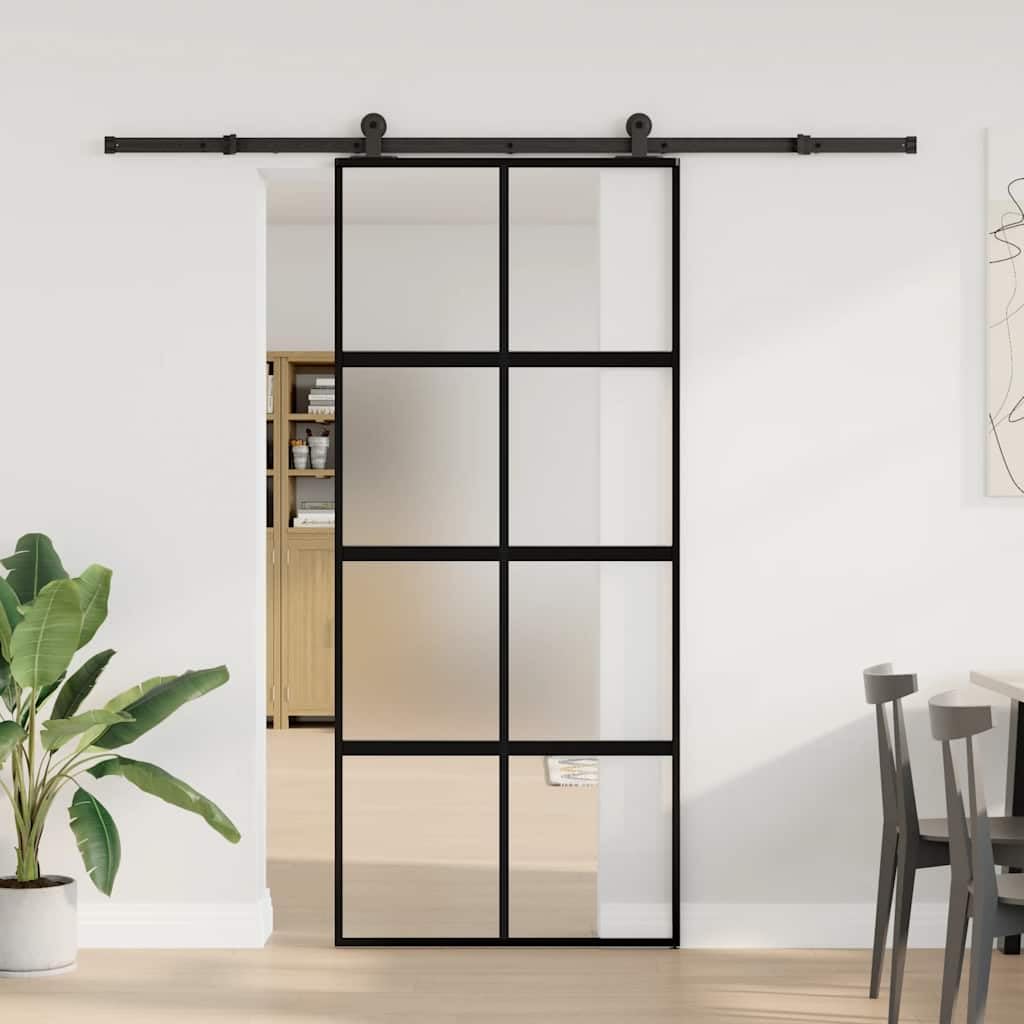Porta Scorrevole 90x205 cm Vetro Temperato Alluminio Nero con Kit