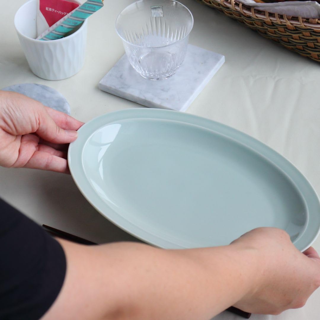 Celadon Town Oval Plate, 10.4-inch Mino Ware