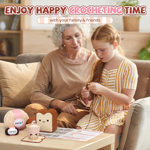 Image of Mewaii Crochet Kit for Beginners Level 1 with 40% Extra Eco-Friendly Pre-Started Easy Yarn, Step-by-Step Video Tutorials for Adults and Kids (Toast Coaster)
