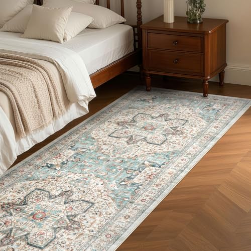 Tortania Area Rug 3x16 Runner Rugs - Washable Vintage Oriental Farmhouse Thin Indoor Carpet for Living Room Bedroom Hallway Entryway Kitchen Under Dining Table Home Office - Aqua Multi