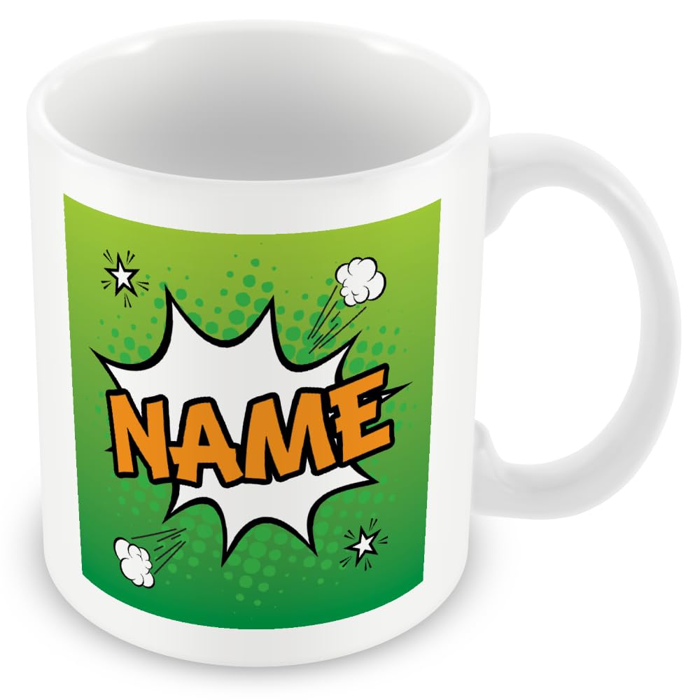 Personalised Custom Name Mug Gift – Green Comic-Style Ceramic Coffee Cup, Dual-Sided Print, Dishwasher Safe, Unique Present for Birthdays, Teachers, Friends, Office, Secret Santa, Christmas