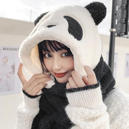 3 in 1 Panda Hat Scarf and Gloves for Women Girls Winter Warm Furry Hood with Hand Pocket Mittens Windproof Cycling Hat Gloves Neck Warmers Thick Plush Animal Cosplay Headwear3