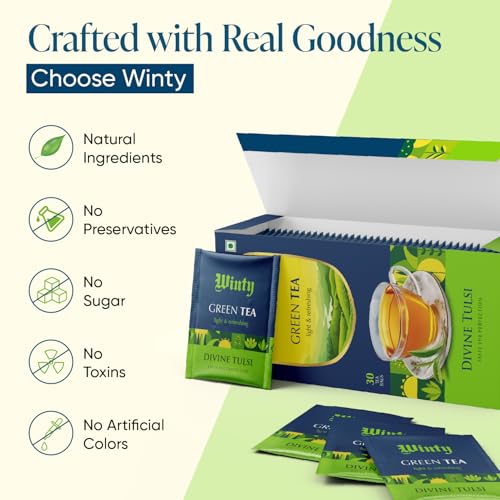 Image of Winty Divine Tulsi Green Tea- Pack of 2 (30 packs each) | With Rama, Krishna & Vana Tulsi | Natural & Pure Wellness Brew | For Weight Management and Detox | Herbal Tea Bags