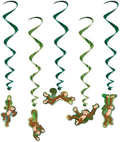 Beistle Club Pack Printed Assortment of Playing Monkey Metallin Whirl Decorations
