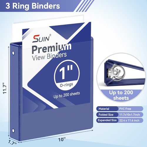 Image of SUIN 1 Inch 3 Ring Binder, Clear 1'' View Presentation Binders with 2 Pockets, Fits 8.5 x 11 Letter Size, Durable Polypropylene, Non-Stick & PVC-Free for School, Office & Home (Navy Blue)