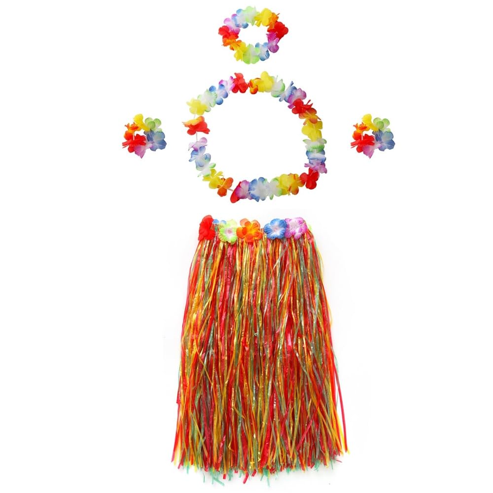 60CM Hawaiian Hula Grass Skirt with Flower Costume Set Elastic Luau Dance Skirts for Women Party Decorations Favors Supplies-Multi