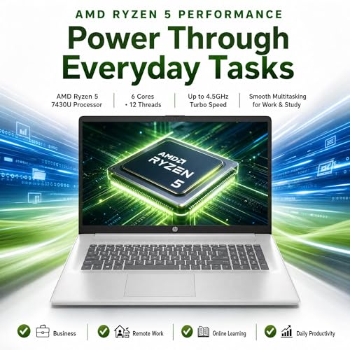 Image of HP 17.3 Touchscreen Business Laptop - AMD Ryzen 5 7430U, 16GB RAM, 256GB SSD, 17.3 inch HD+ Anti Glare Touch, Backlit Keyboard, Fast Charge, Win11 Pro, for Students & Work