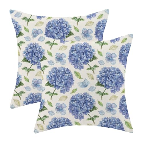 Image of AEIOAE Spring Floral Pillow Covers 18x18 Inch Set of 2, Blue Green Hydrangea Flower Leaves Throw Pillows Case,Summer Outdoor Seasonal Decorative Farmhouse Decor Cushion Covers for Home Sofa Bed Couch