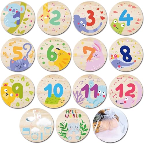 Image of Wooden Baby Monthly Milestone Cards with Birth Announcement Sign Newborn Photography Props Baby Shower Gifts for Boys and Girls (Monthly Milestone Cards)