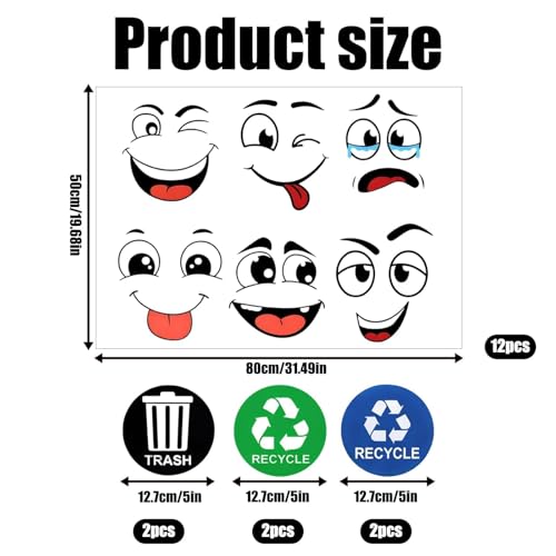 12 Blätter Mülltonnen Aufkleber, Mülleimer Dekorative Wand Aufkleber Augen und Mund DIY Großes für Kühlschrank Eimer 30 * 20cm