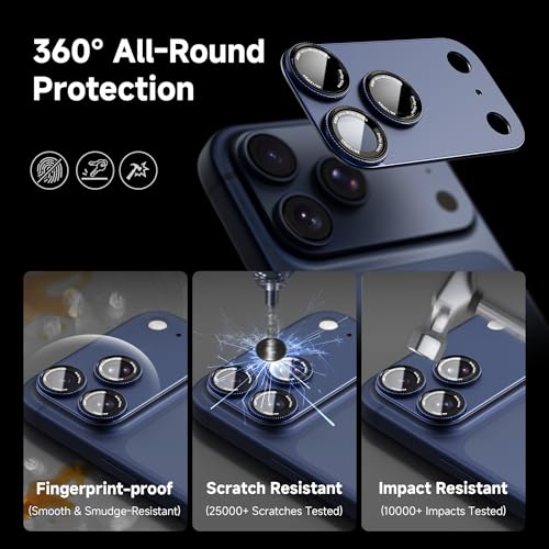 Image of CACOE Metal Camera Lens Protector for iPhone 17 Pro Max, 9H Tempered Glass with Aluminum Frame, HD Clarity & Scratch-Resistant Camera Screen Protector Cover Accessories(Dark Blue)