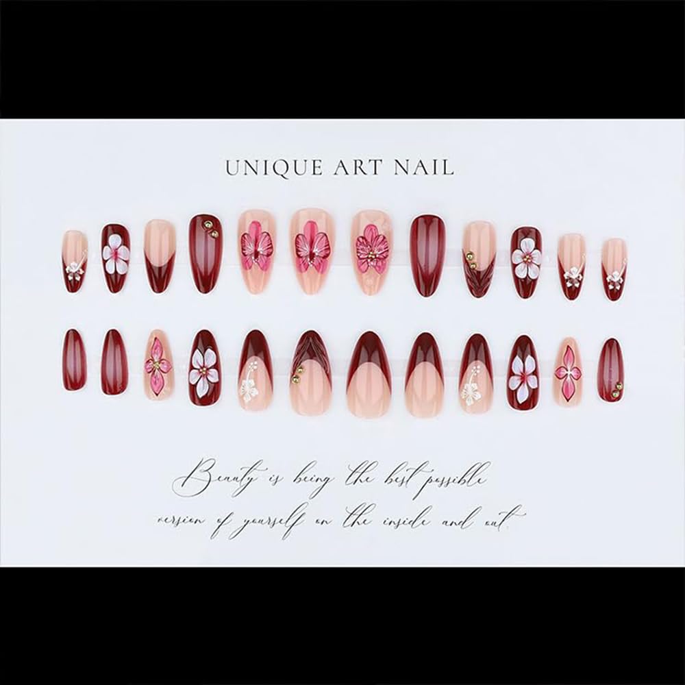Flower Press On Nails Medium Square Gold Pearl Star Nude Pink_voghion.com