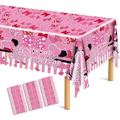 UKKJOM 3 Pack Pink Mouse Birthday Decorations Pink Mouse Party Decorations Tablecloth for Kid Boys and Girls Happy Birthday Decor Table Cover
