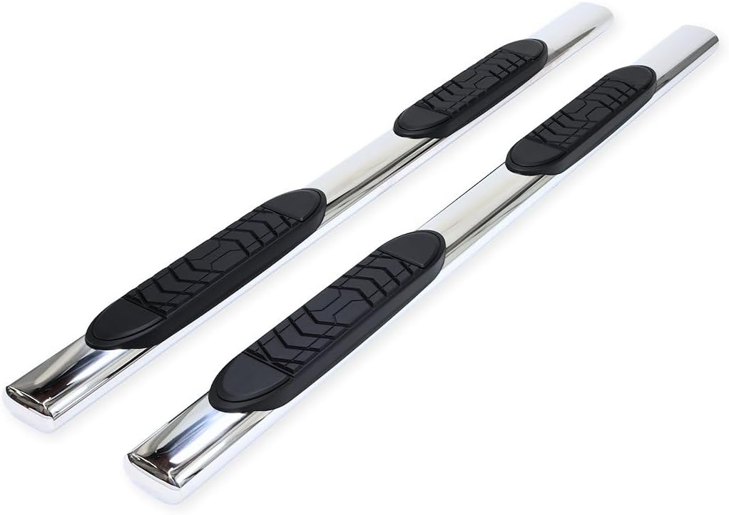 TrailFX Nerf Bars for Toyota Tundra Double Cab 2022-2025 Polished Stainless Steel 5 Inch Oval Straight Side Steps with Step Pads Welded End Caps Rocker Panel Mount